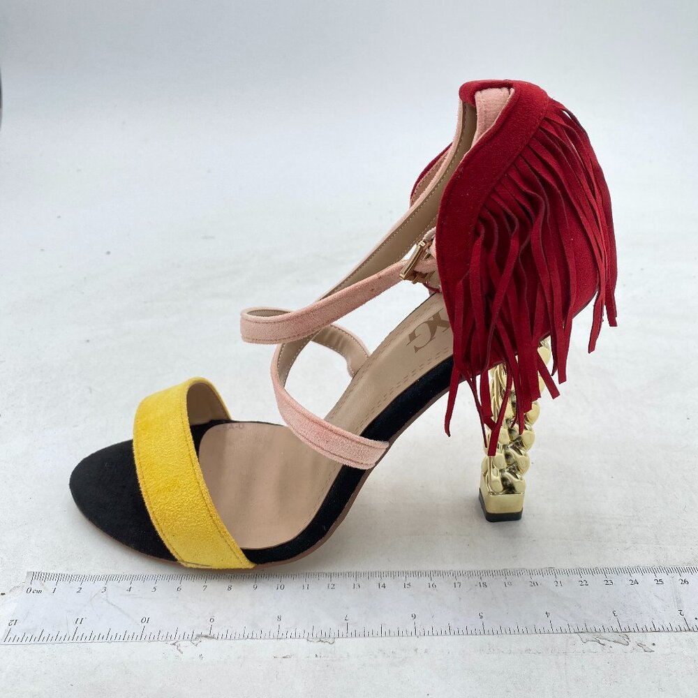 Pink Cross Strap Tassels Open Toe Gold Metal Chain Chunky High Heel Dress Sandal